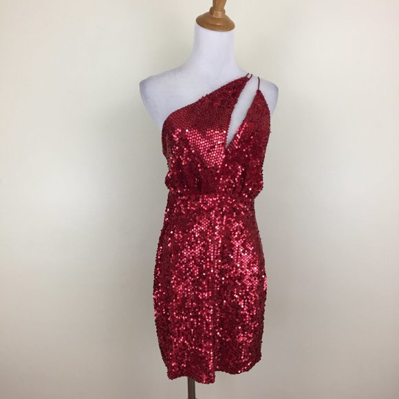 NWT ZARA Red Embellished Sequined Asymmetric Double Strap Front Lined Dress - Picture 4 of 8